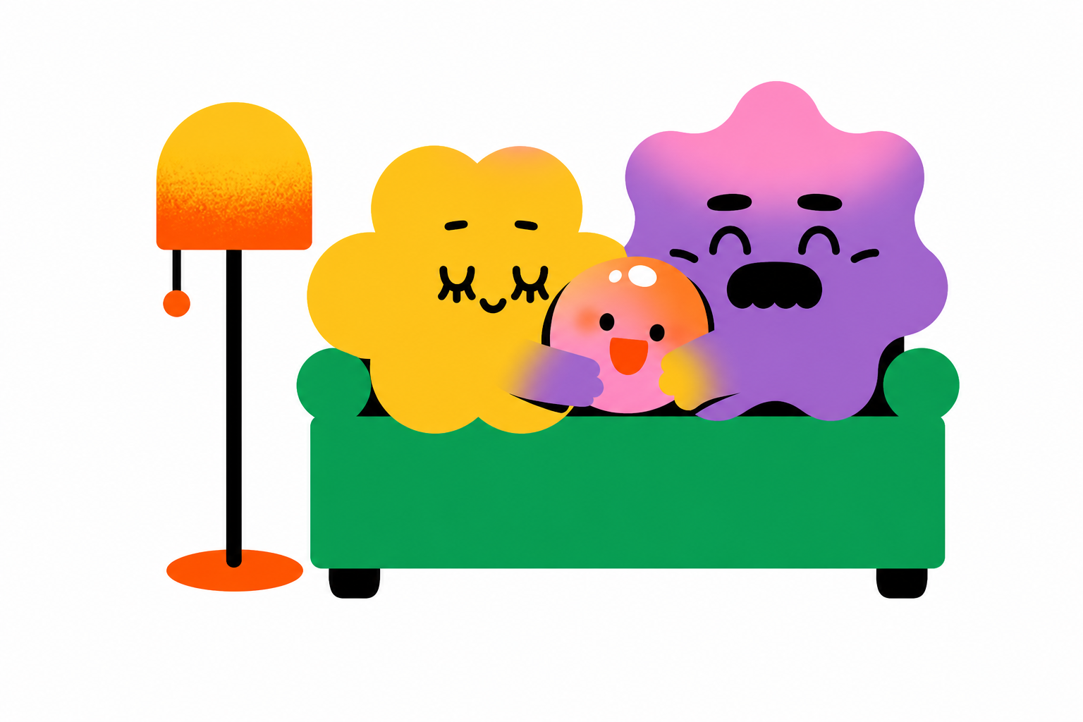 Blob family relaxing on a green sofa
